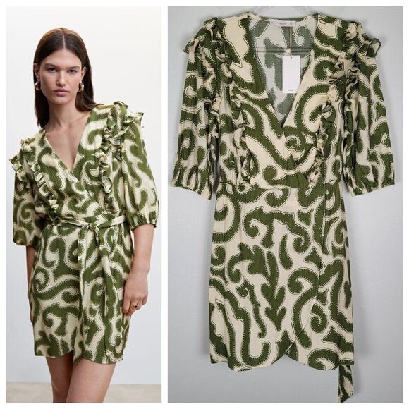 MNG Mango Ruffled Printed Faux Wrap Dress Mini 3/4 Sleeve Ivory Green Size 6 NWT - Picture 1 of 13